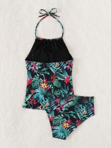 Tankini de verano de cintura alta con estampado tropical y cuello de halter - Multicolor - Ver 5