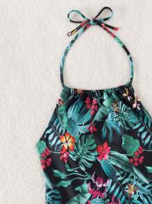Tankini de verano de cintura alta con estampado tropical y cuello de halter - Multicolor - Ver 6