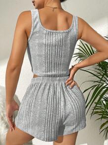 Button Front Ribbed Knit Tank Top & Tie Front Shorts Lounge Set - Grey - View 2