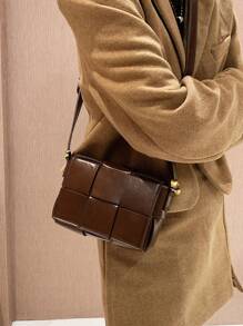 1 件咖啡棕色时尚编织简约休闲女士小方形斜挎包复古硬质手提包手机袋适合日常使用，复古风格女士复古包 - 咖啡棕 - 查看 3