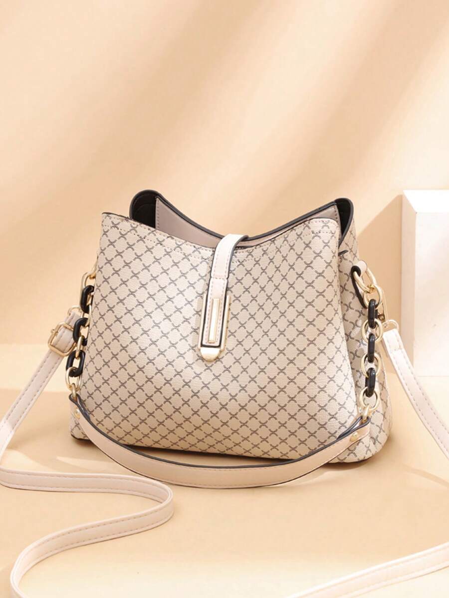 Geometric Pattern Bucket Bag, Fashion Pu Crossbody Bag - Khaki - View 1