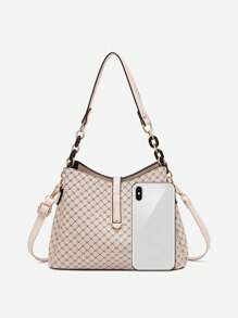 Geometric Pattern Bucket Bag, Fashion Pu Crossbody Bag - Khaki - View 2