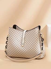 Geometric Pattern Bucket Bag, Fashion Pu Crossbody Bag - Khaki - View 3