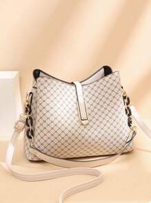 Geometric Pattern Bucket Bag, Fashion Pu Crossbody Bag - Khaki - View 6