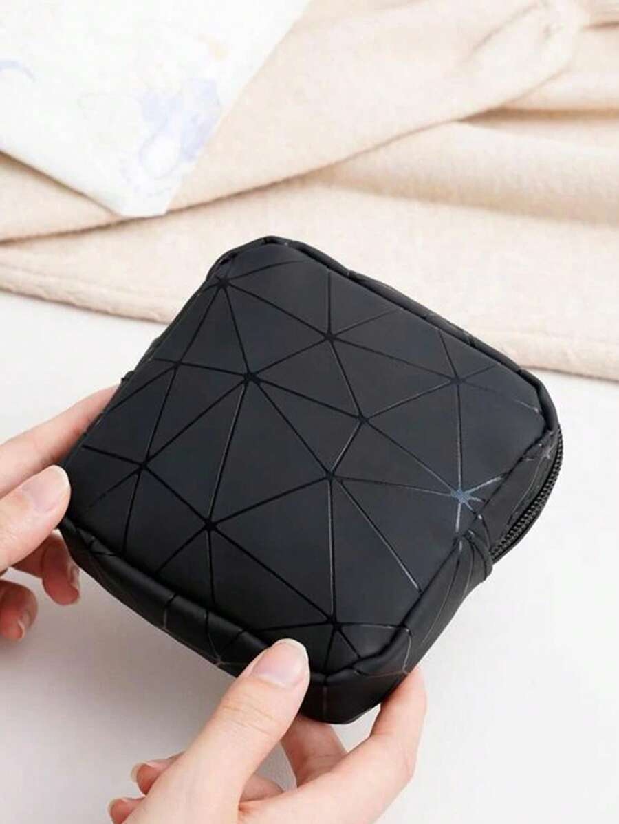 幾何圖案收納袋，拉鍊式衛生巾收納袋，青春期女孩、女性、淑女首選，可放雜物、衛生巾、、小型化妝品、學生錢包、黑色錢包、粉紅色錢包、返校必備，宿舍必備品，旅行必備品，沙灘度假旅行整理袋 - 黑色 - 查看 1