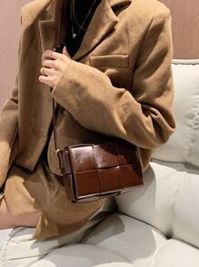 1 件咖啡棕色时尚编织简约休闲女士小方形斜挎包复古硬质手提包手机袋适合日常使用，复古风格女士复古包 - 咖啡棕 - 查看 4