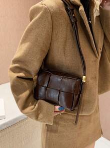 1 件咖啡棕色时尚编织简约休闲女士小方形斜挎包复古硬质手提包手机袋适合日常使用，复古风格女士复古包 - 咖啡棕 - 查看 5