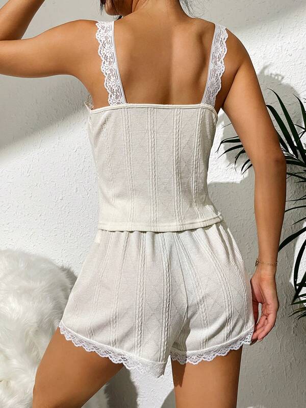 Contrast Lace Bow Front Cami Top & Shorts PJ Set SHEIN USA