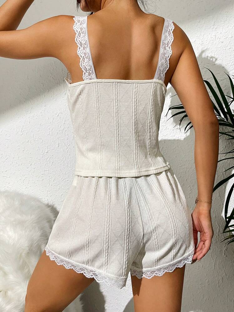 Contrast Lace Bow Front Cami Top & Shorts PJ Set - Beige - View 2