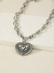 1入組時尚鋅合金心形墜飾項鍊適合女士日常裝飾 - 銀色 - 查看 1