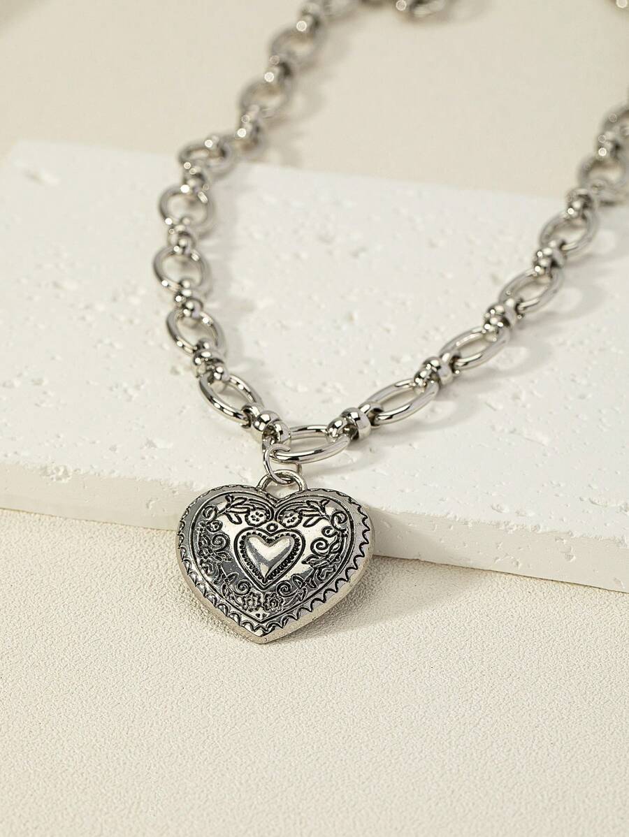 1入組時尚鋅合金心形墜飾項鍊適合女士日常裝飾 - 銀色 - 查看 1