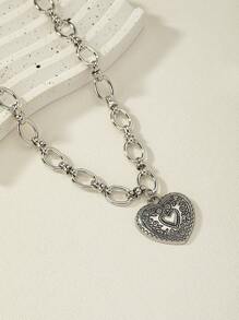 1入組時尚鋅合金心形墜飾項鍊適合女士日常裝飾 - 銀色 - 查看 2