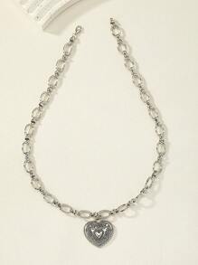 1入組時尚鋅合金心形墜飾項鍊適合女士日常裝飾 - 銀色 - 查看 3