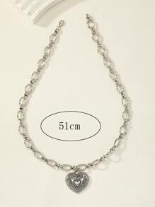 1入組時尚鋅合金心形墜飾項鍊適合女士日常裝飾 - 銀色 - 查看 4