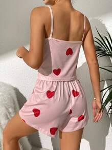 SHEIN Heart Print Cami Top & Shorts PJ Set - Pink - View 2