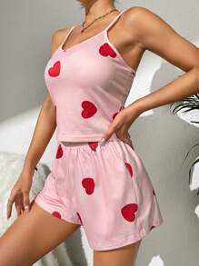SHEIN Heart Print Cami Top & Shorts PJ Set - Pink - View 4