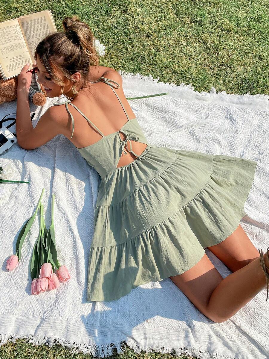 SHEIN Frenchy Tie Shoulder Cut Out Tie Back Ruffle Hem Cami Dress - Mint Green - View 1