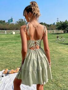 SHEIN Frenchy Tie Shoulder Cut Out Tie Back Ruffle Hem Cami Dress - Mint Green - View 2