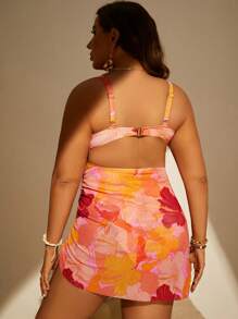 Swim Lushoire Summer Plus Size Floral Print Push Up One Piece Swimsuit With Beach Skirt - Orange - View 2