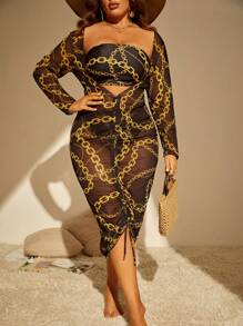 SHEIN Swim Curve Summer Beach Plus Size Chain Print Bandeau Bikini Set With Cover Up - Multicolor - View 1