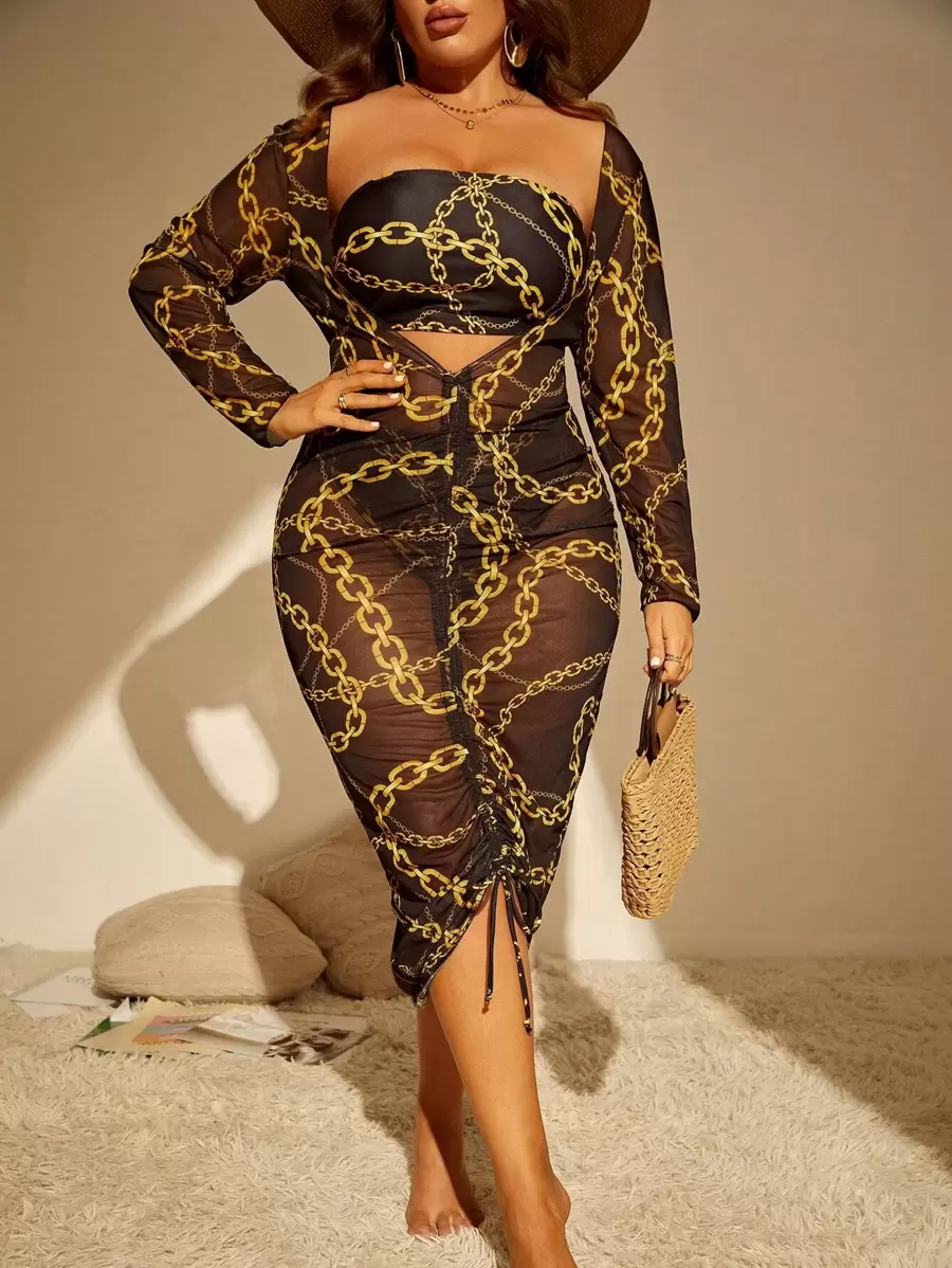 SHEIN Swim Curve Summer Beach Plus Size Chain Print Bandeau Bikini Set With Cover Up - Multicolor - View 1