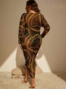 SHEIN Swim Curve Summer Beach Plus Size Chain Print Bandeau Bikini Set With Cover Up - Multicolor - View 2