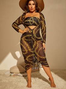 SHEIN Swim Curve Summer Beach Plus Size Chain Print Bandeau Bikini Set With Cover Up - Multicolor - View 5