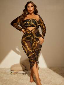 SHEIN Swim Curve Summer Beach Plus Size Chain Print Bandeau Bikini Set With Cover Up - Multicolor - View 6