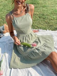 SHEIN Frenchy Tie Shoulder Cut Out Tie Back Ruffle Hem Cami Dress - Mint Green - View 4