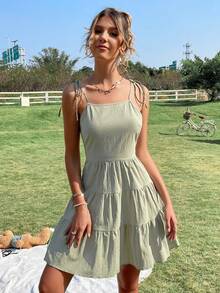 SHEIN Frenchy Tie Shoulder Cut Out Tie Back Ruffle Hem Cami Dress - Mint Green - View 5