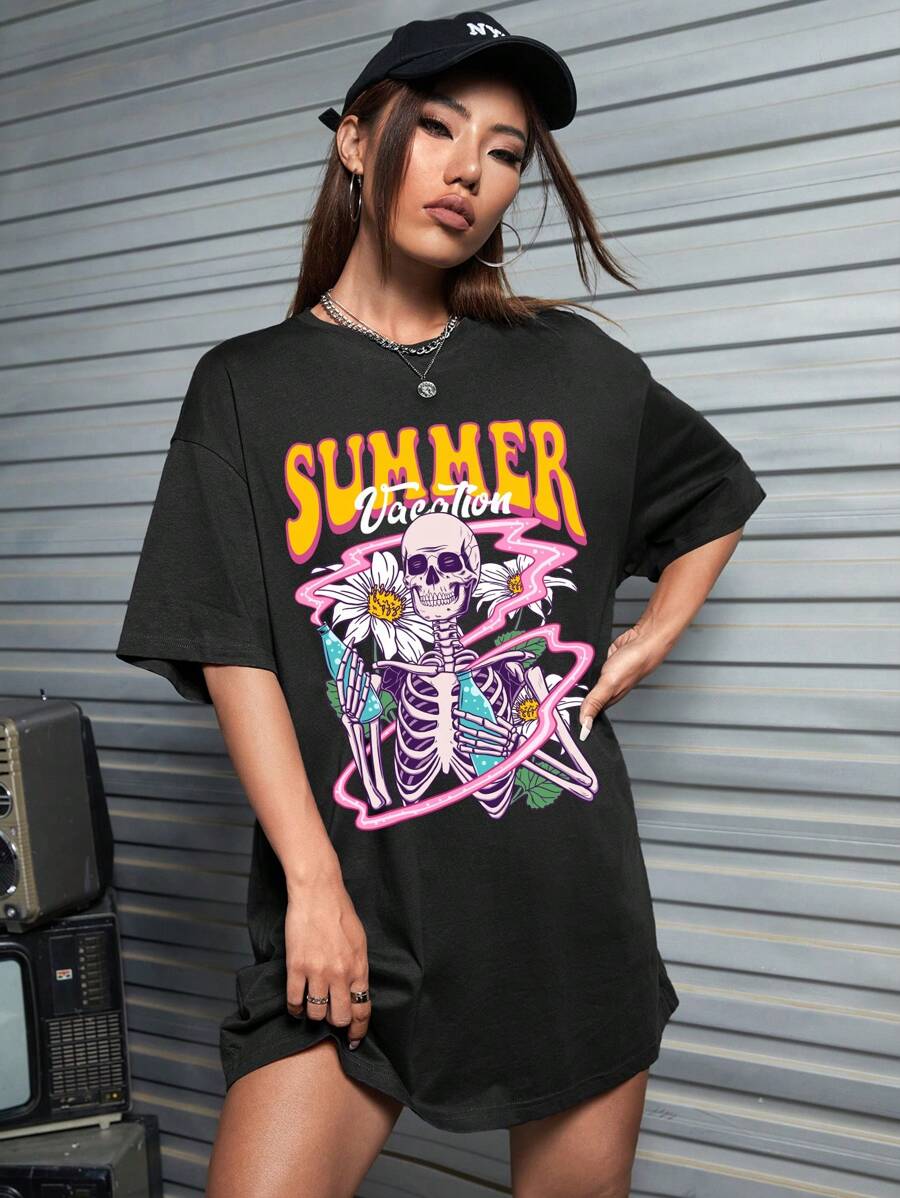 Sapstudio Skeleton & Letter Graphic Drop Shoulder Oversize Tee Dress - Black - View 1