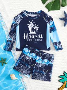 男嬰椰子樹和字母圖案高領插肩袖泳裝 - 藏蓝色 - 查看 1