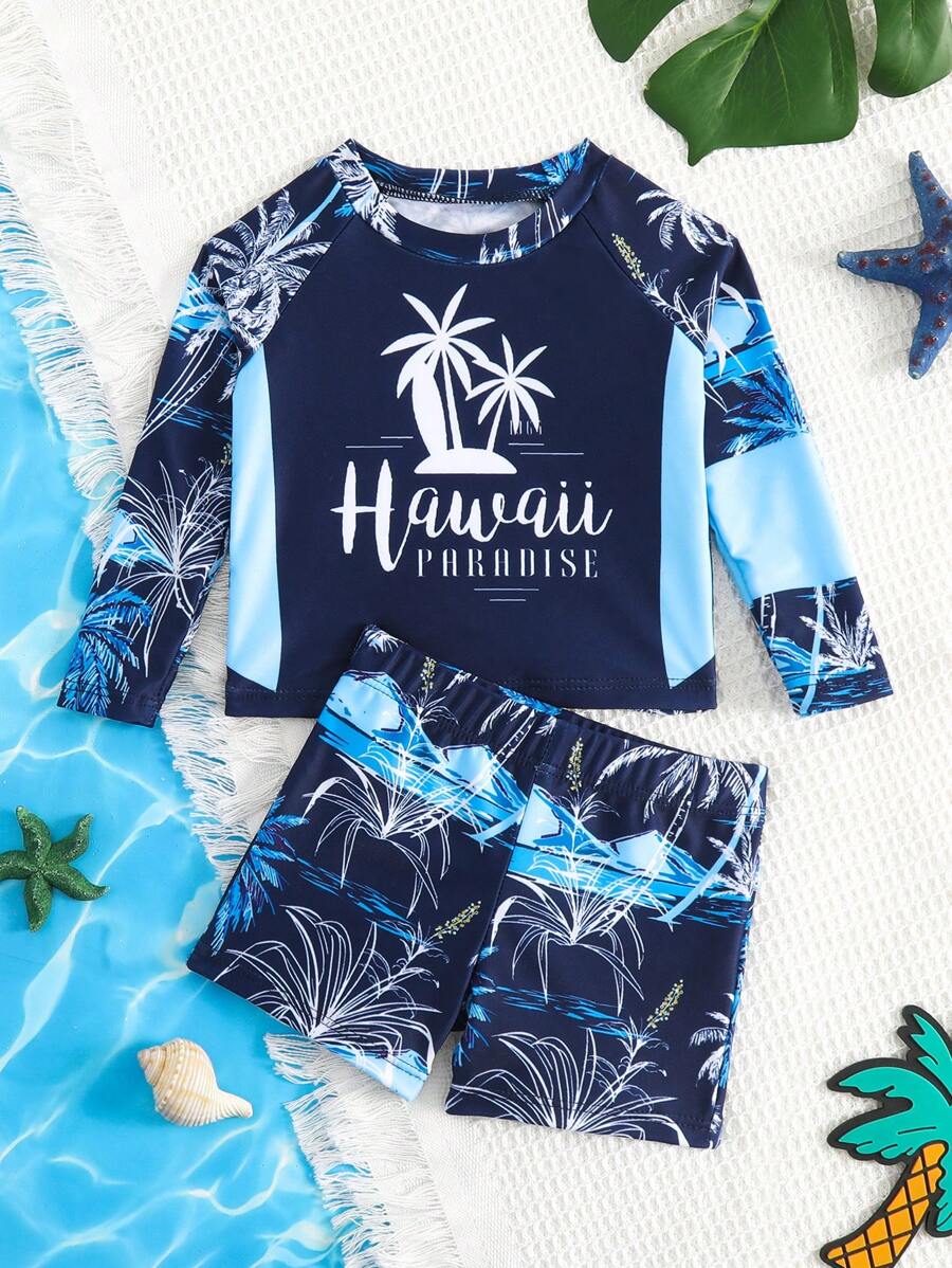 男嬰椰子樹和字母圖案高領插肩袖泳裝 - 藏蓝色 - 查看 1