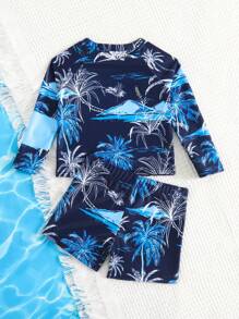 男嬰椰子樹和字母圖案高領插肩袖泳裝 - 藏蓝色 - 查看 2
