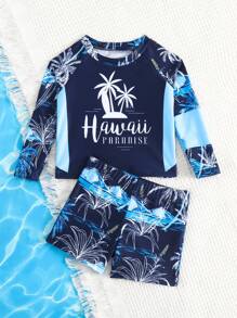 男嬰椰子樹和字母圖案高領插肩袖泳裝 - 藏蓝色 - 查看 4