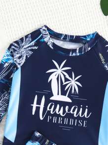 男嬰椰子樹和字母圖案高領插肩袖泳裝 - 藏蓝色 - 查看 5