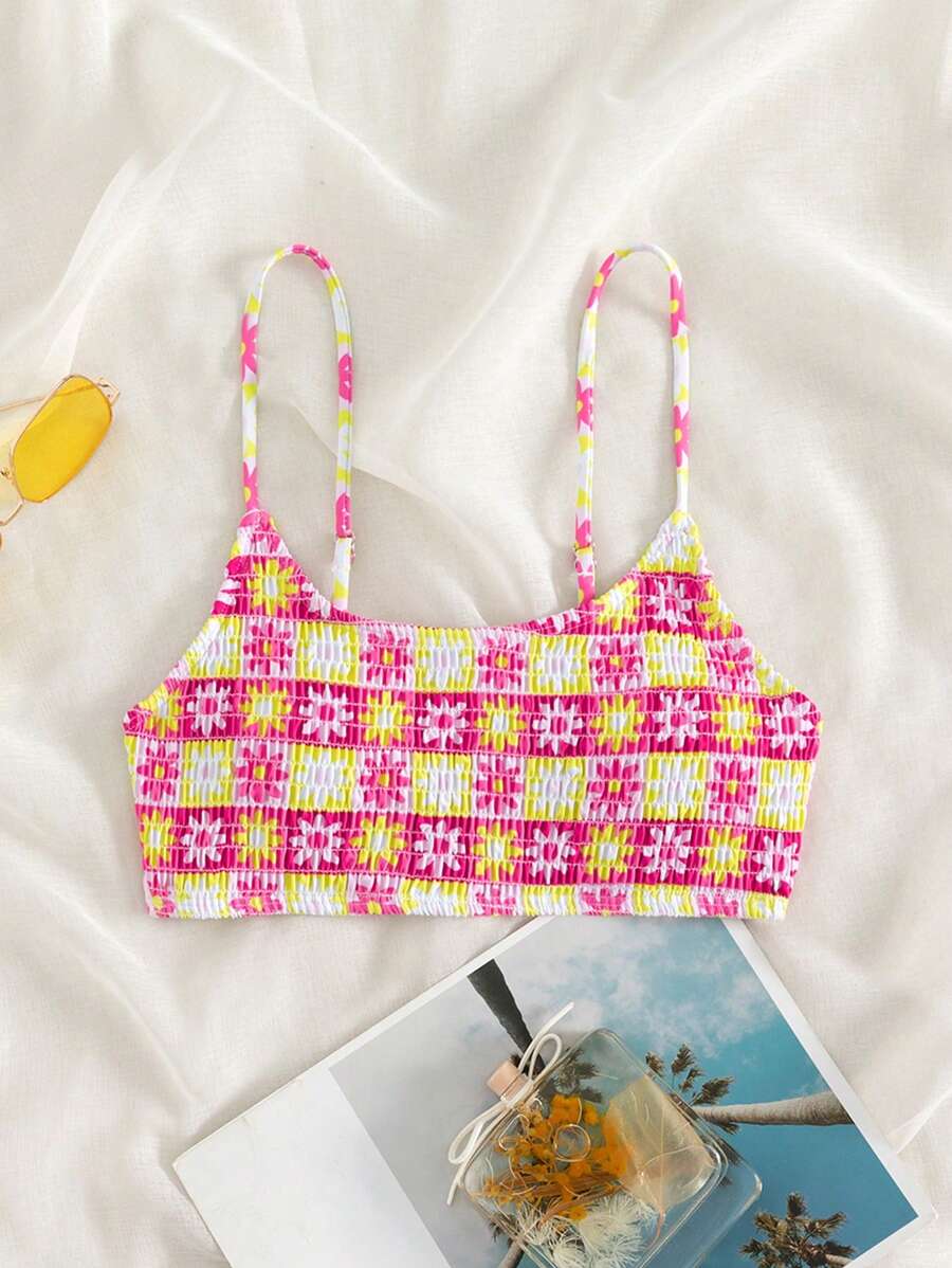 Floral Print Smocked Bikini Top - Multicolor - View 1