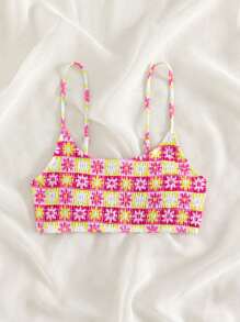 Floral Print Smocked Bikini Top - Multicolor - View 3