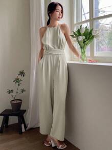 DAZY 纯色系带露背拉链吊带连体裤女式连体裤 - 薄荷綠 - 查看 1