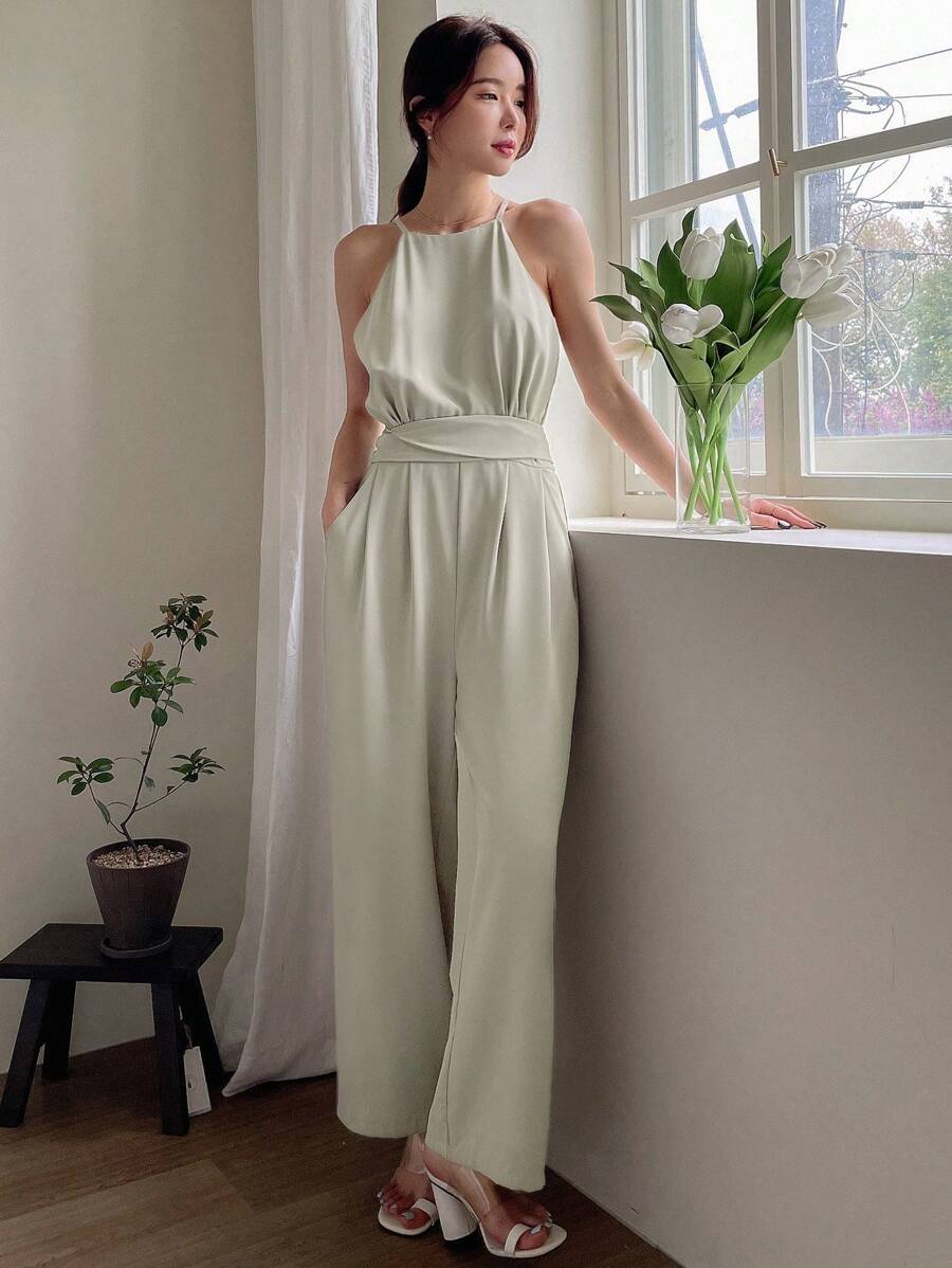 DAZY 纯色系带露背拉链吊带连体裤女式连体裤 - 薄荷綠 - 查看 1