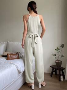 DAZY 纯色系带露背拉链吊带连体裤女式连体裤 - 薄荷綠 - 查看 2