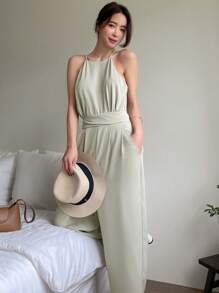 DAZY 纯色系带露背拉链吊带连体裤女式连体裤 - 薄荷綠 - 查看 3