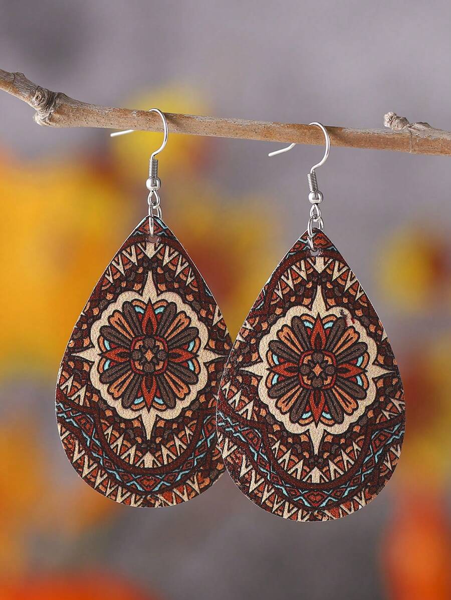 1 Đôi Bông Tai Bohemian Họa Tiết Hình Học Giọt Nước Dành Cho Nữ Trang Trí Hàng Ngày - màu nâu - Xem 1