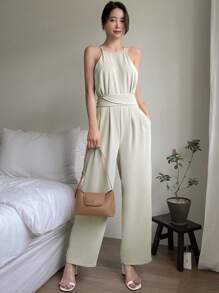 DAZY 纯色系带露背拉链吊带连体裤女式连体裤 - 薄荷綠 - 查看 4