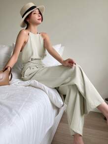 DAZY 纯色系带露背拉链吊带连体裤女式连体裤 - 薄荷綠 - 查看 5