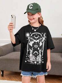 SHEIN Girls Cartoon Graphic Drop Shoulder Tee - Black - View 1