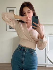 DAZY 纯色披肩领裹身细节短款衬衫秋季上衣长袖上衣 - 杏色 - 查看 3