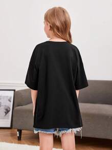 SHEIN Girls Cartoon Graphic Drop Shoulder Tee - Black - View 2