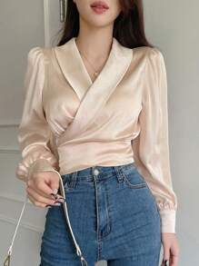 DAZY 纯色披肩领裹身细节短款衬衫秋季上衣长袖上衣 - 杏色 - 查看 4