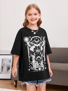 SHEIN Girls Cartoon Graphic Drop Shoulder Tee - Black - View 3